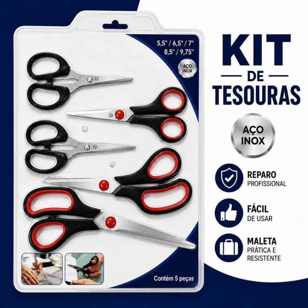Conjunto Com 5 Tesouras Aço Inox 5 Tamanhos Diferentes para Papel, Tecido, Costura e Artesanato