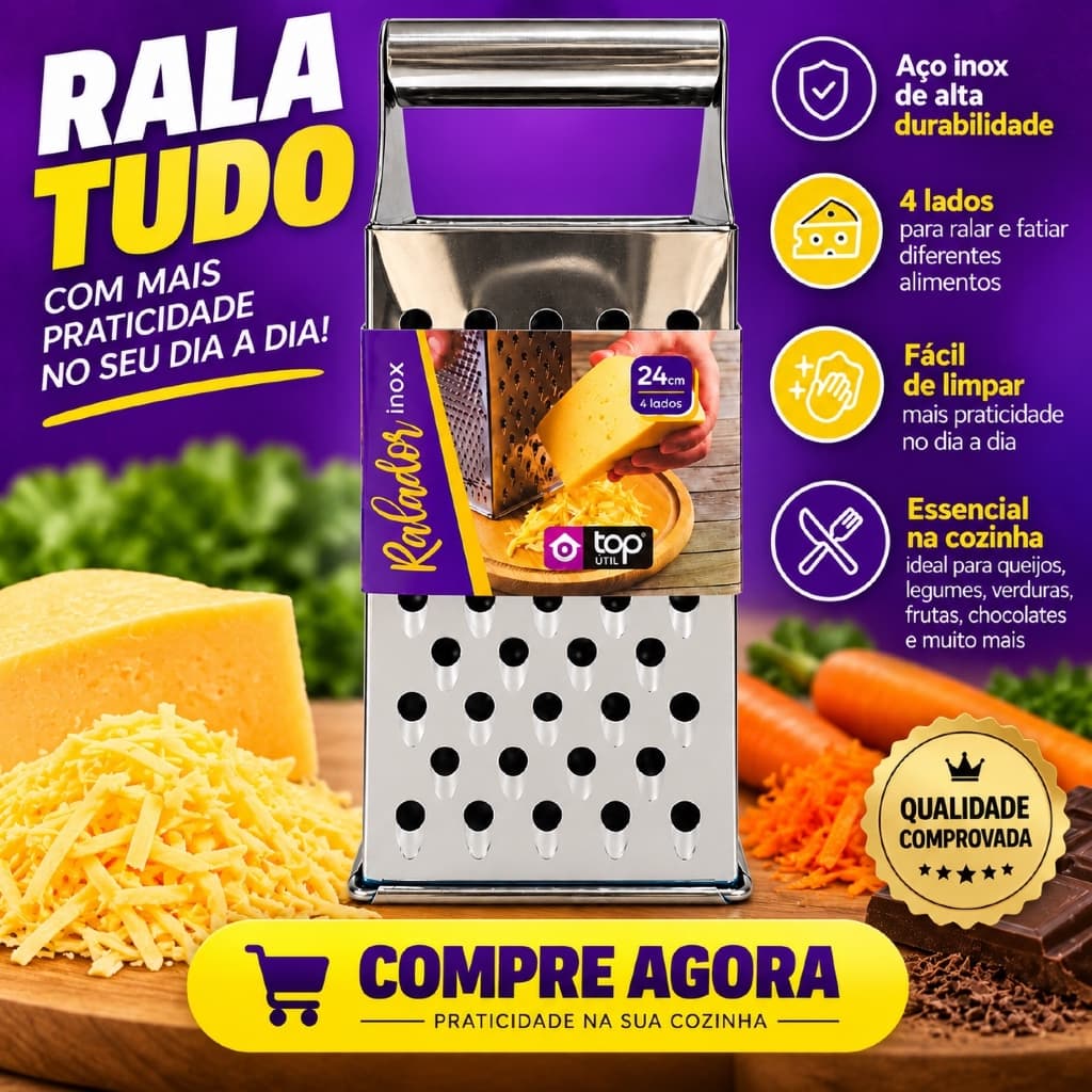 Ralador 4 Lados Aço Inox 24 cm Queijo Legumes Verduras Cozinha Top Útil