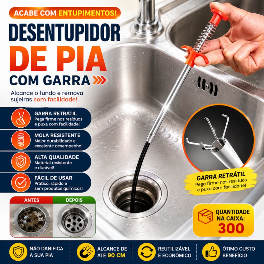 Desentupidor Flexível 90cm Com Garra Encanamento Pias Ralos Vasos
