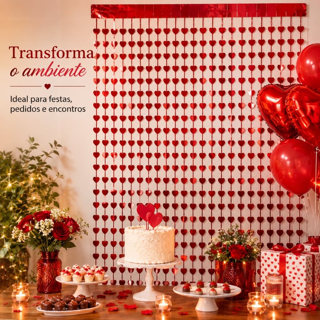 Kit 4 Cortinas de Corações Vermelhos, Decoração para Festa, Casamento, Dia dos Namorados e Fundo para Fotos
