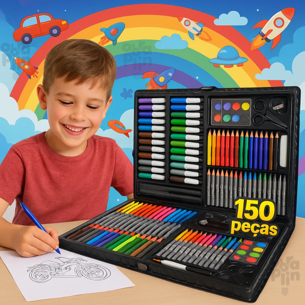 Kit Escolar Maleta De Colorir 150 Peças Estojo Escolar Infantil Colorir Desenho Canetinhas Lápis De Cor Giz De Cera Tint