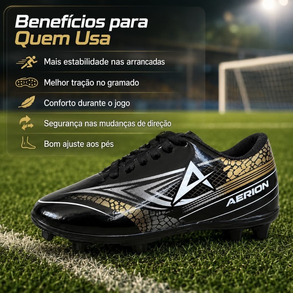 Chuteira de Campo Masculina Aerion Futebol Preta Dourada Solado com Travas Adulto