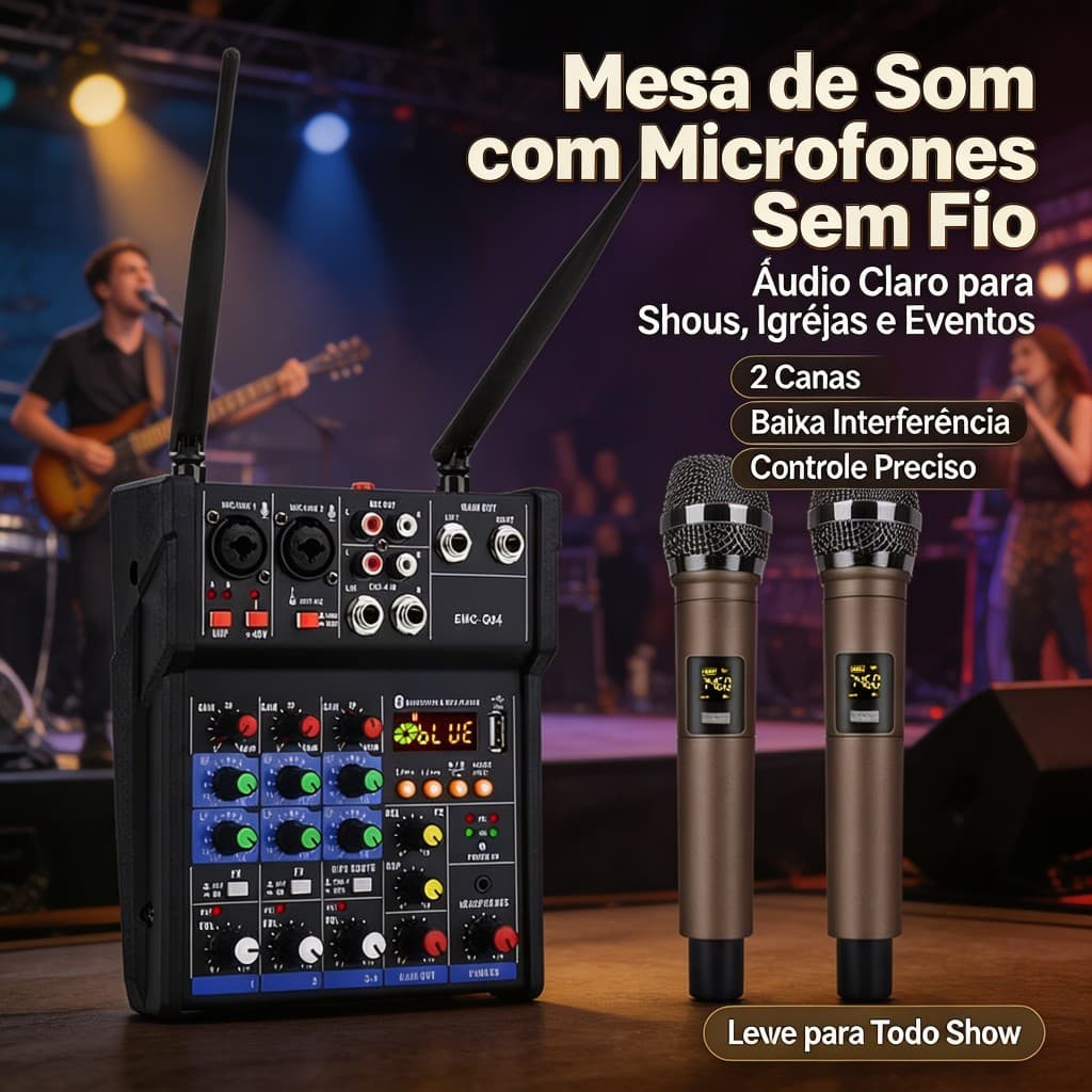 Console de Mixagem de Áudio de 4 Canais com 2 Microfones e Mini Mixer DJ USB Bivolt