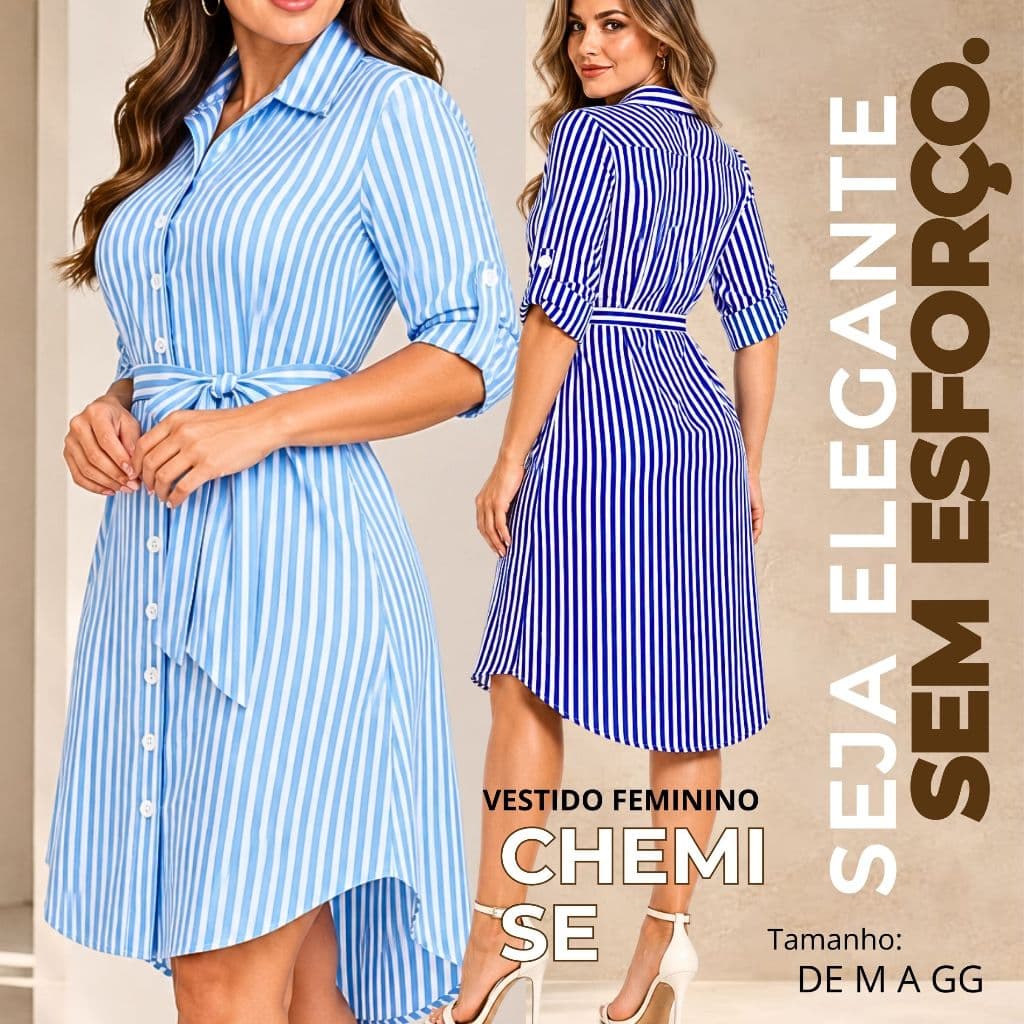 Vestido Chemise Feminino Listrado Duna com Cinto Manga 3/4 Elegante