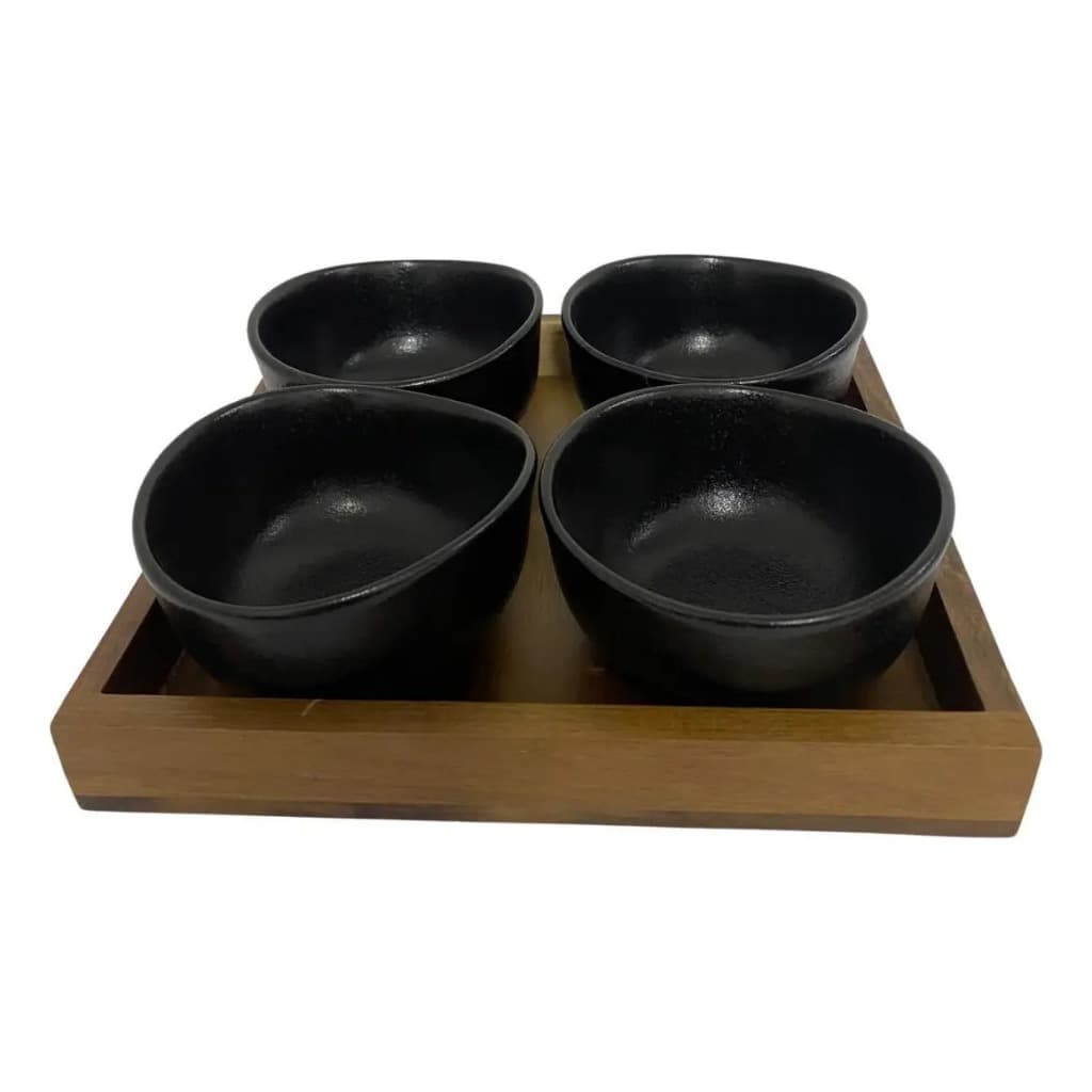 Porta Aperitivos De Ceramica Preta E Base De Madeira - 4 Pcs