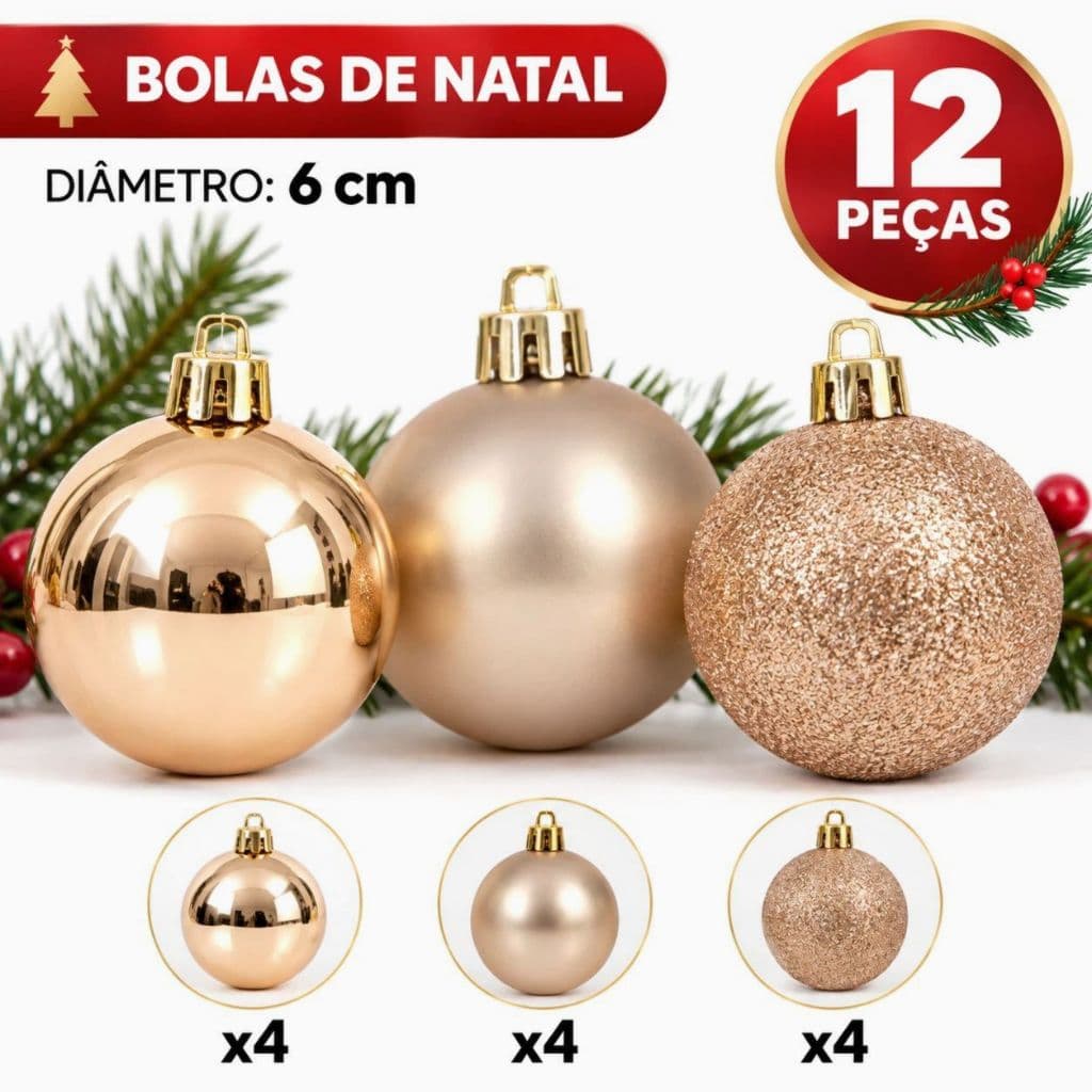 Kit 12/24 Bolas de Natal 6cm Bola Dourada Decoração Natal Árvore Natalina