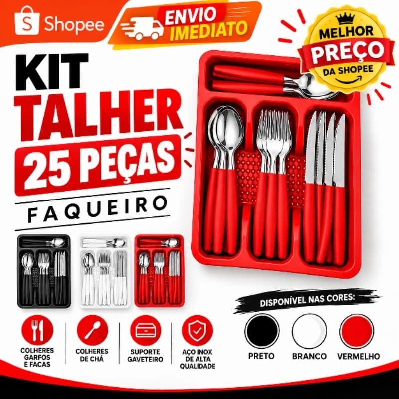 Kit Talheres 25 Peças Faqueiro Completo com Suporte para Gaveta – Colher Garfo Faca e Colher de Chá