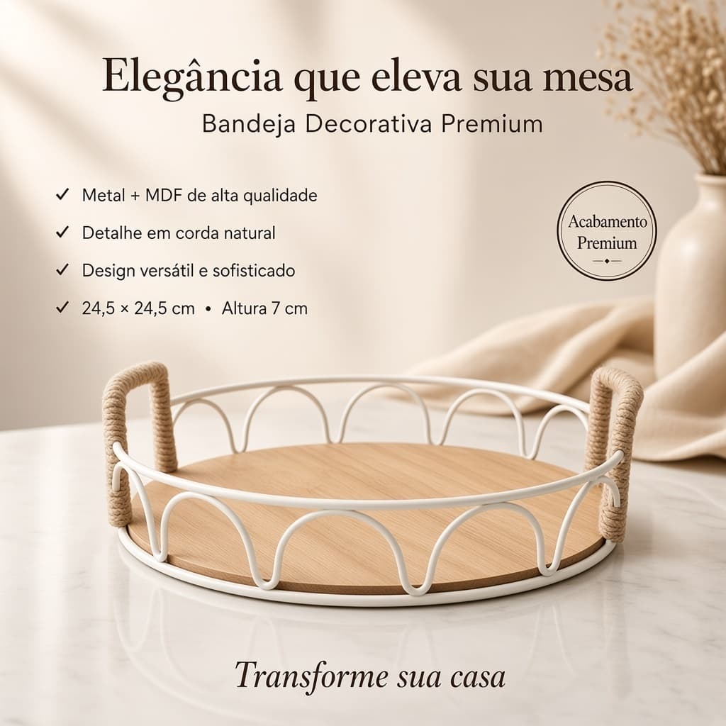 Bandeja Redonda Decorativa Multifuncional – Metal Branco + Base de mdf + Alças de Corda Natural