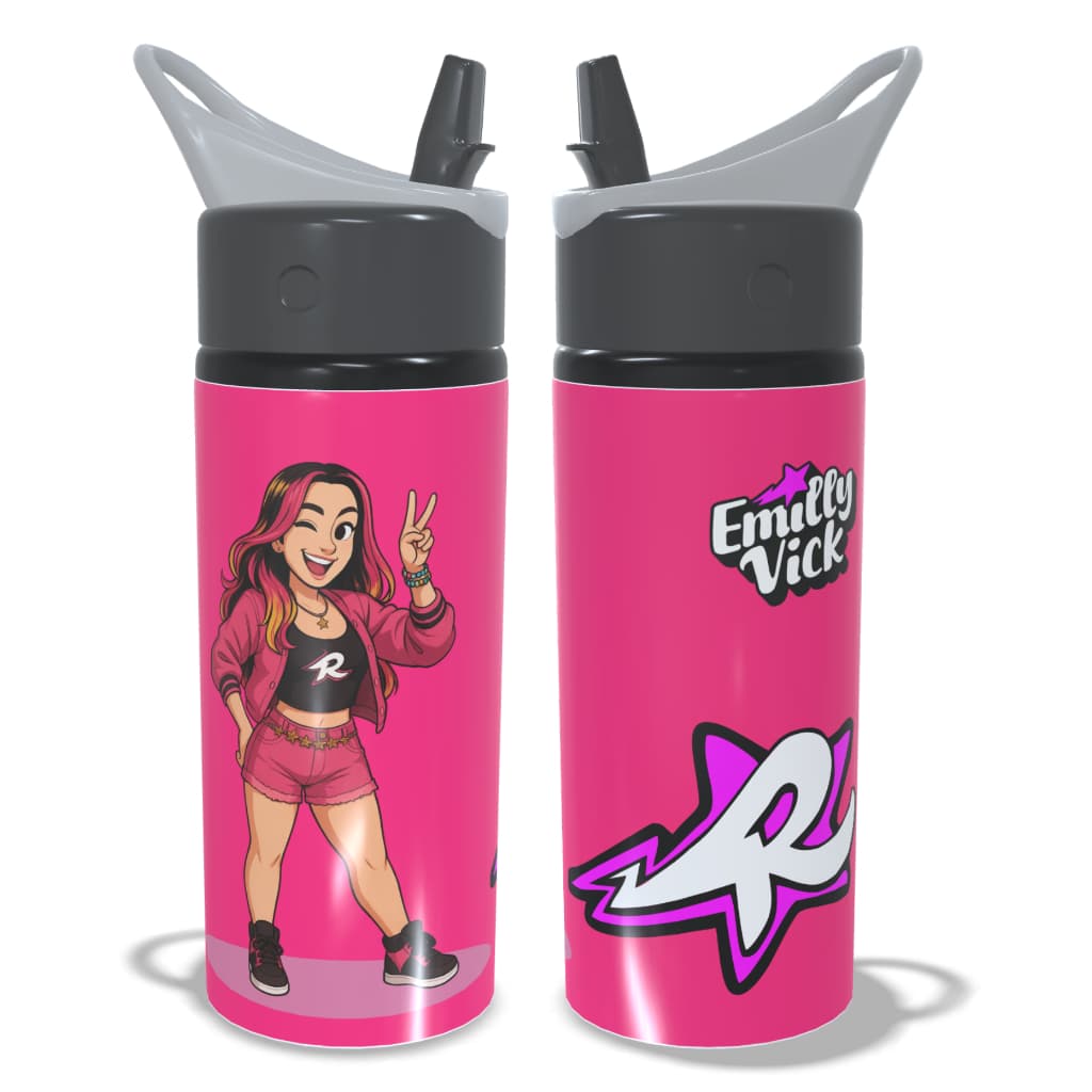 Garrafa Infantil de Alumínio Emily Vick Elementos Dos Rosa 600ml Com Bico e Canudo