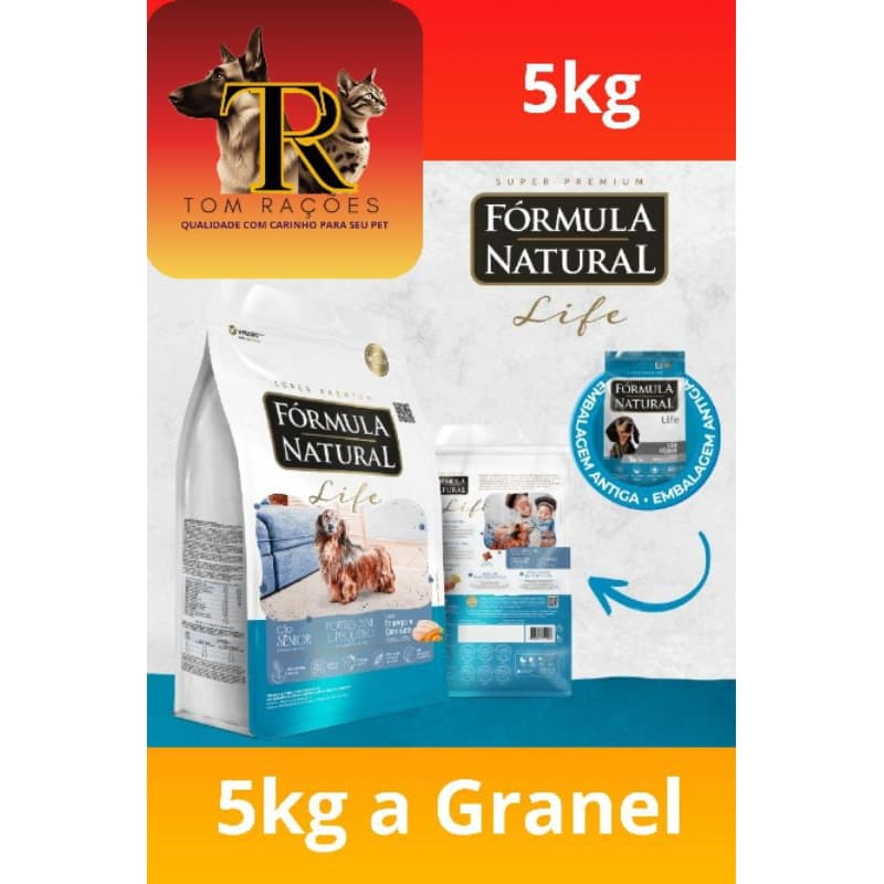 EXCLUSIVO Balde com 5kg granel, FÓRMULA NATURAL LIFE SÊNIOR, raças Mini/ Peq, sabor Frango, ração para cachorro idoso.