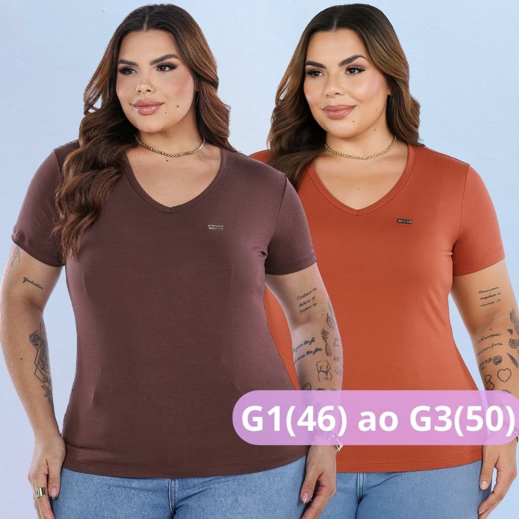Kit 2 Plus Size Blusa Feminina Gola V Manga Curta Viscolycra Conforto e Caimento Perfeito G1 G2 G3 Moda Plus Grande