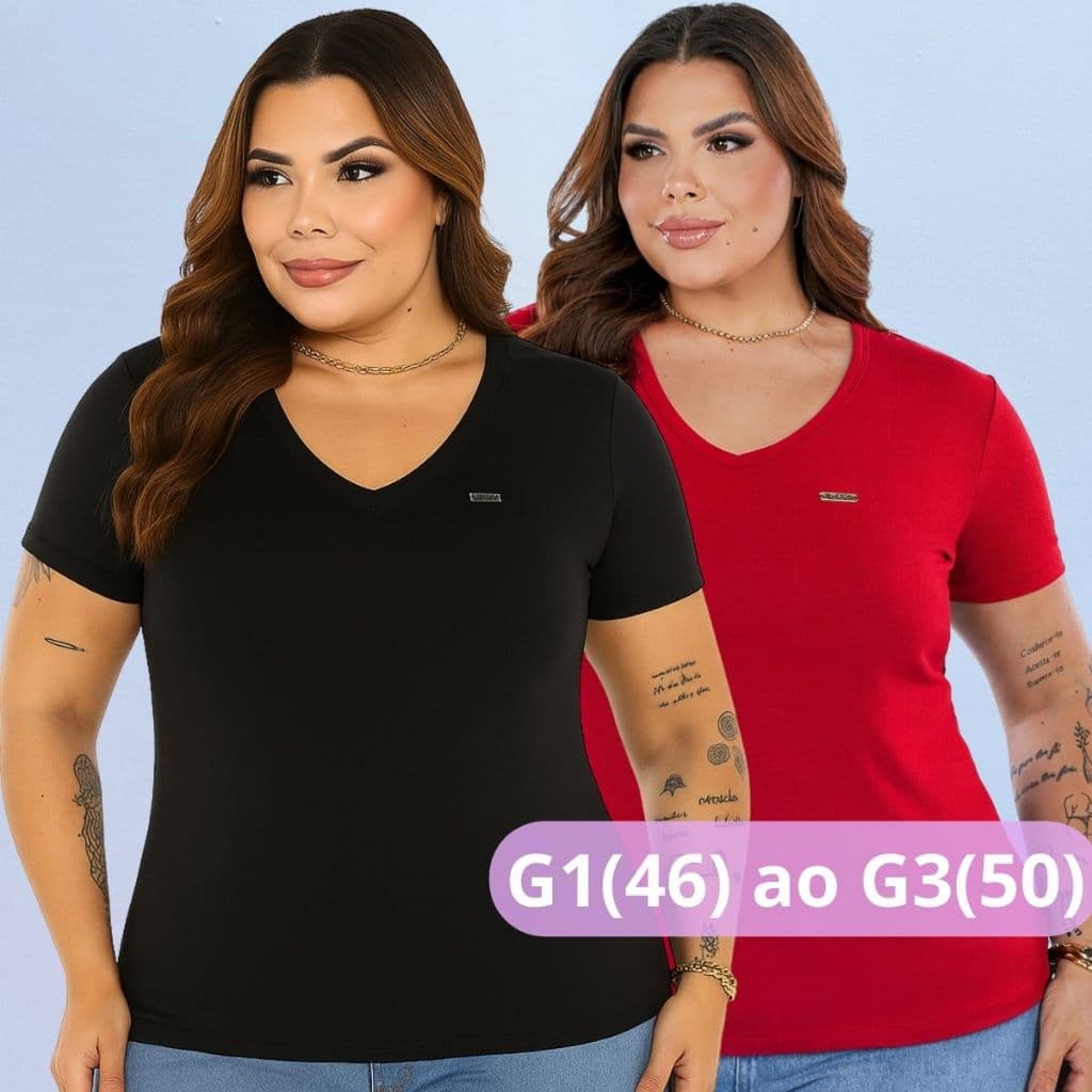 Kit 2 Blusa Feminina Plus Size G1 ao G3 Gola V Manga Curta Malha Viscolycra Moda Básica Confortável e Elegante Dia a Dia