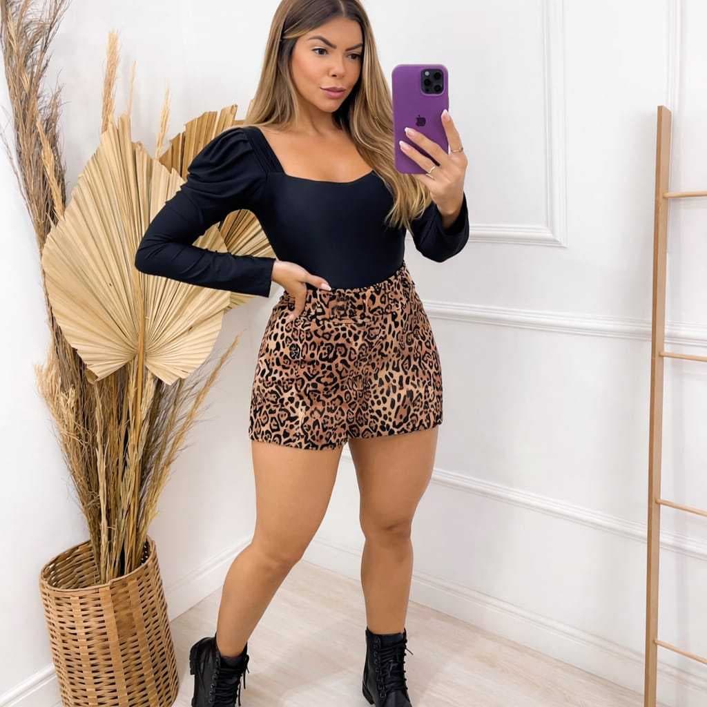 Short Saia Feminino Animal Print Oncinha Com Sinto Forrado Shorts Curto Fenda Bermuda Sainha Cintura Alta