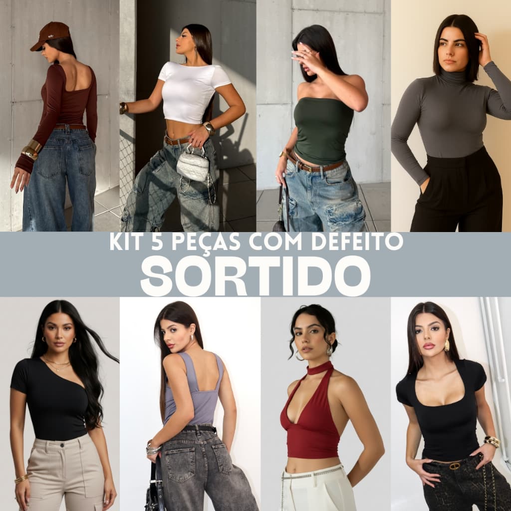 KIT 5 Peças - Blusa tube top Manga Longa Costa Nua Suplex Pequenos Defeitos Casual Liso