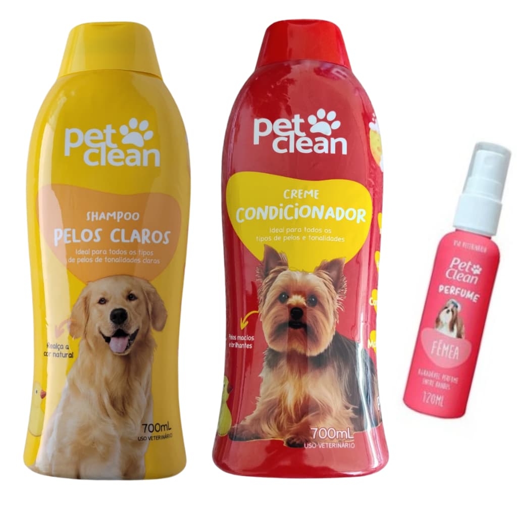 Kit Shampoo Pelos Claros PetClean + Condicionador + Perfume Cães Gatos