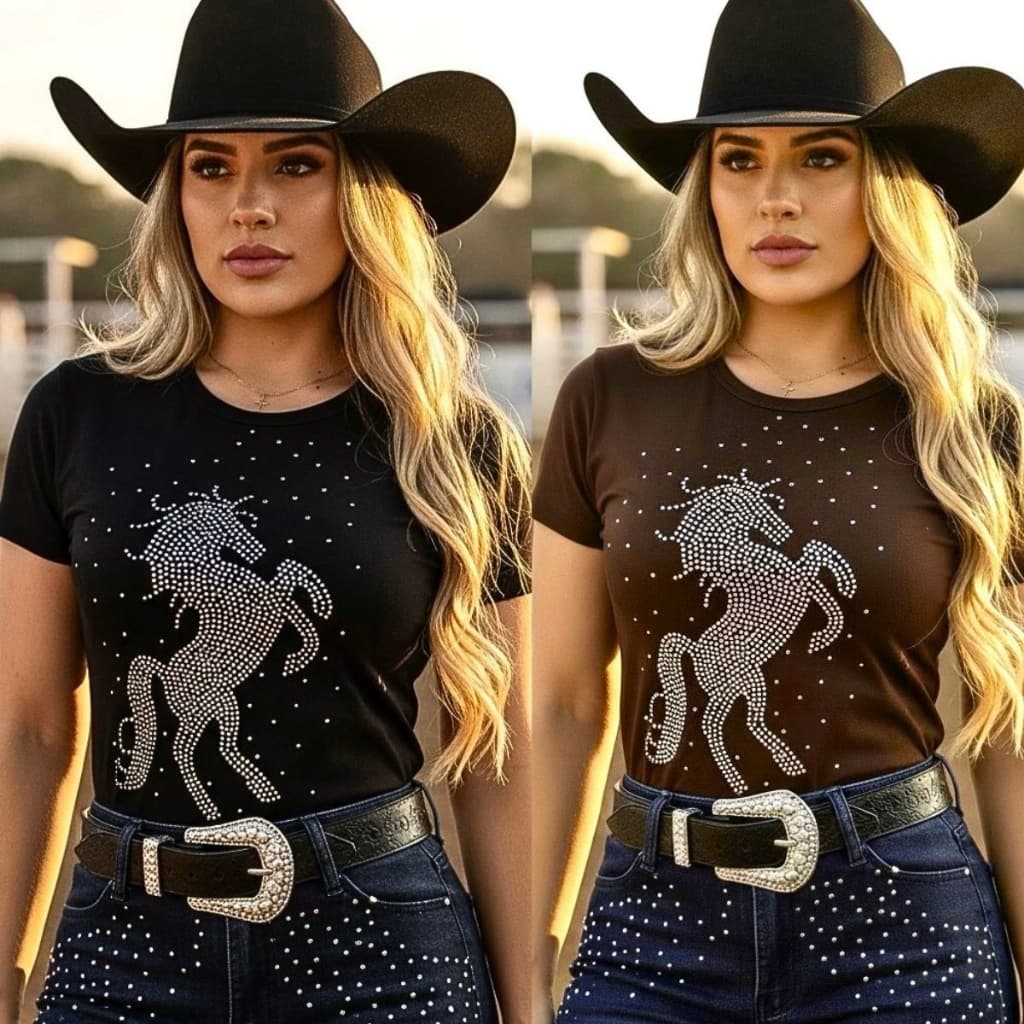 T-shirt Blusa Camiseta Country de Luxo Pedrarias Brilhos Linha Premium Rodeio Vaquejada Festa West