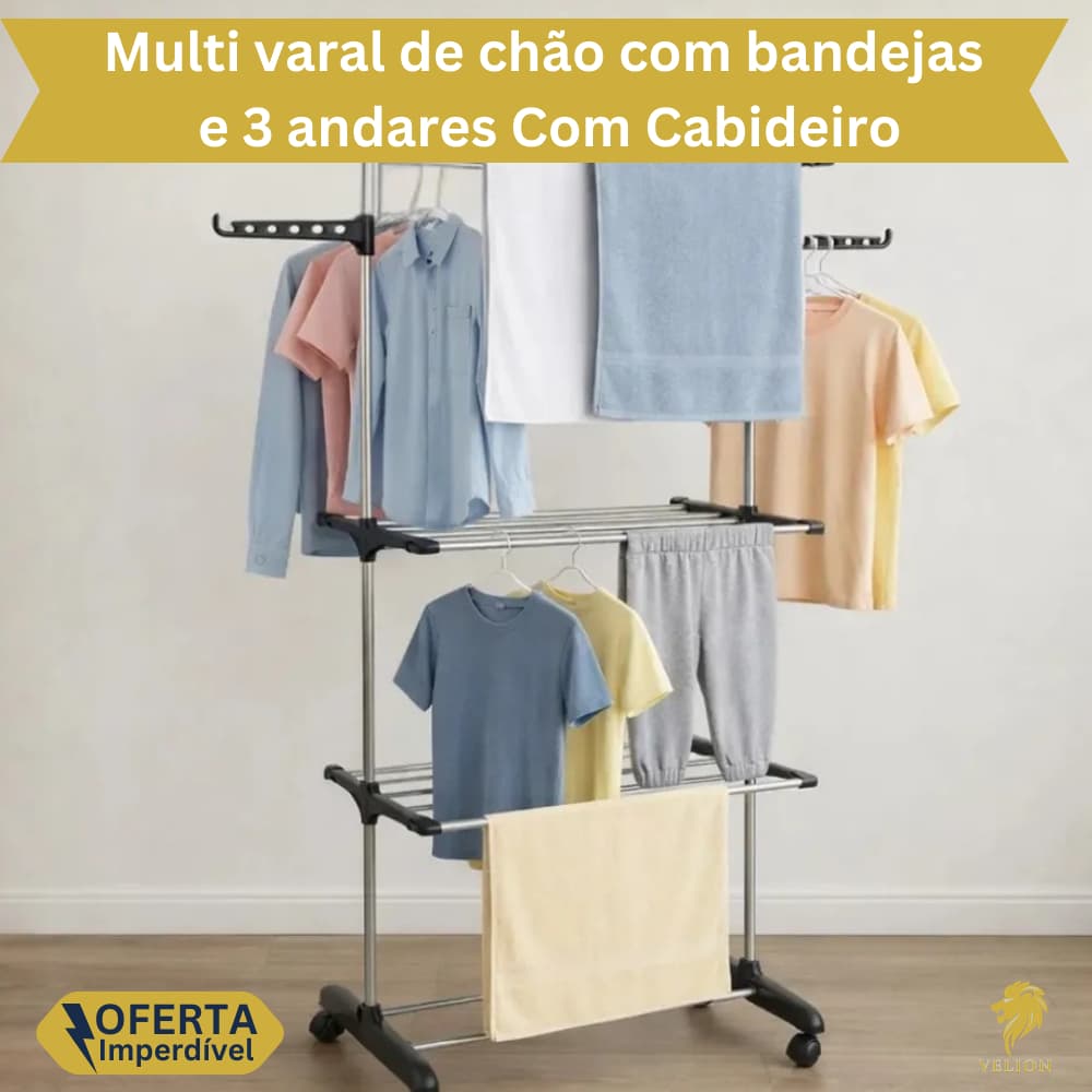 Varal Multiuso de Chão com Bandejas  Rack Arara 3 Andares com Cabideiro Pés Dobráveis Completo