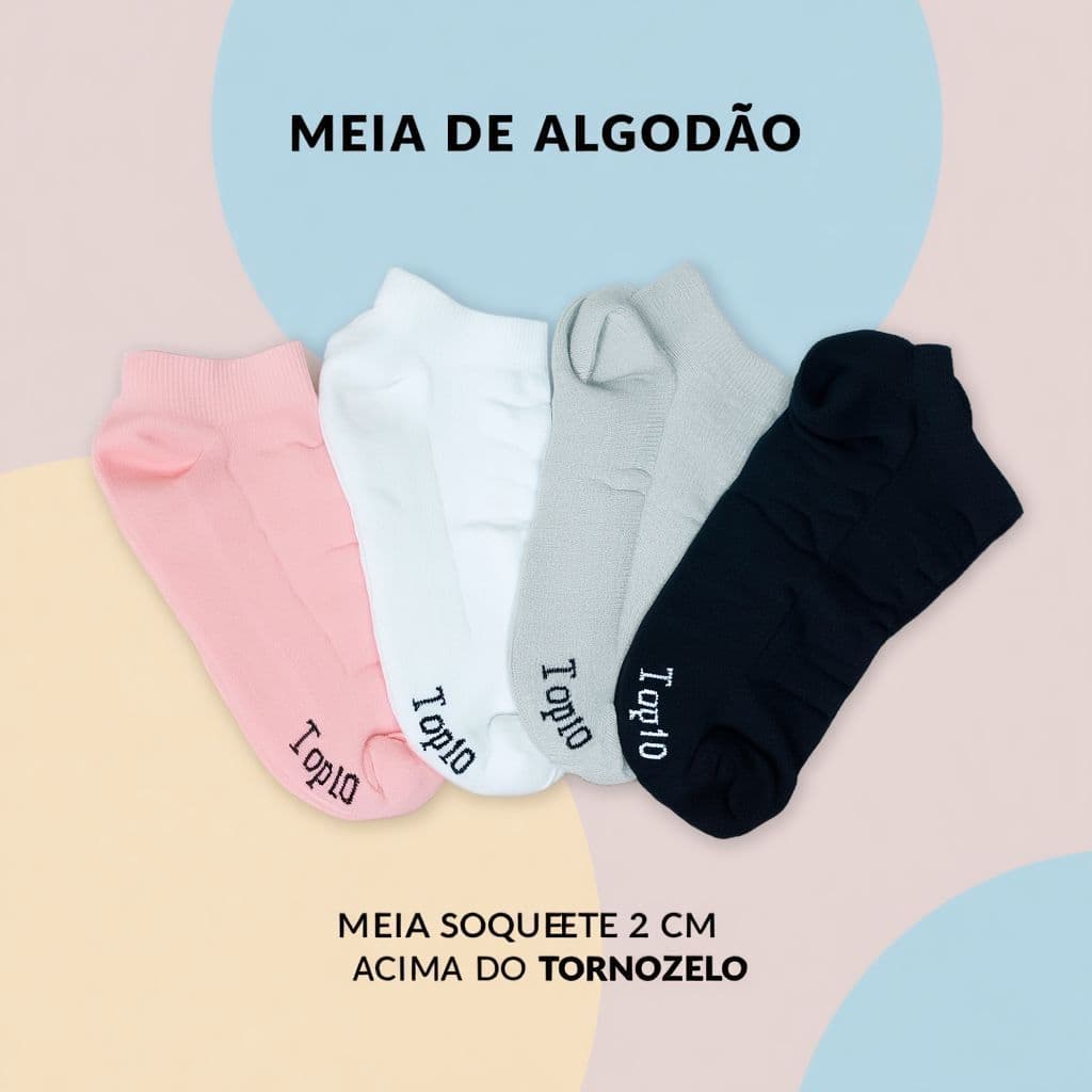 Kit 12 Pares Meia Soquete Feminina 100% Algodão