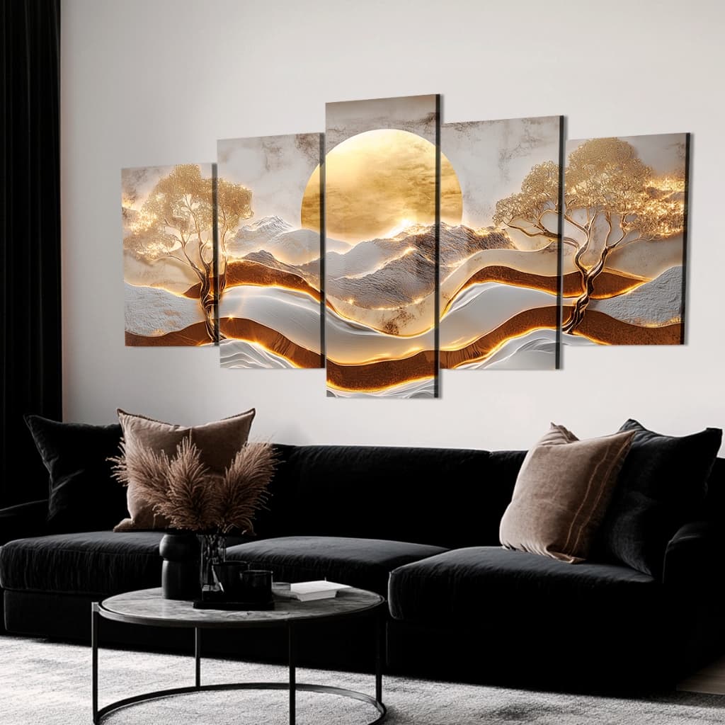 Quadro Mosaico 5 Peças Sol Nascente e Montanhas Douradas