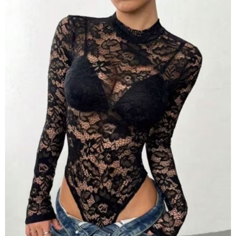 Body Feminino Manga Longa com Renda Floral Transparente