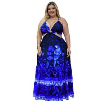 Vestido Feminino longo  Estampa Floral Azul e Branco Tamanho Único