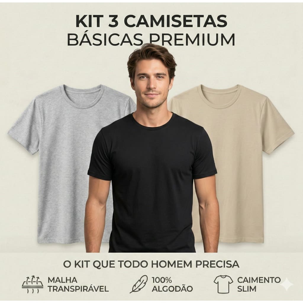 Kit 3 Camisetas Camisa Masculinas Básicas Lisas 100% Algodão