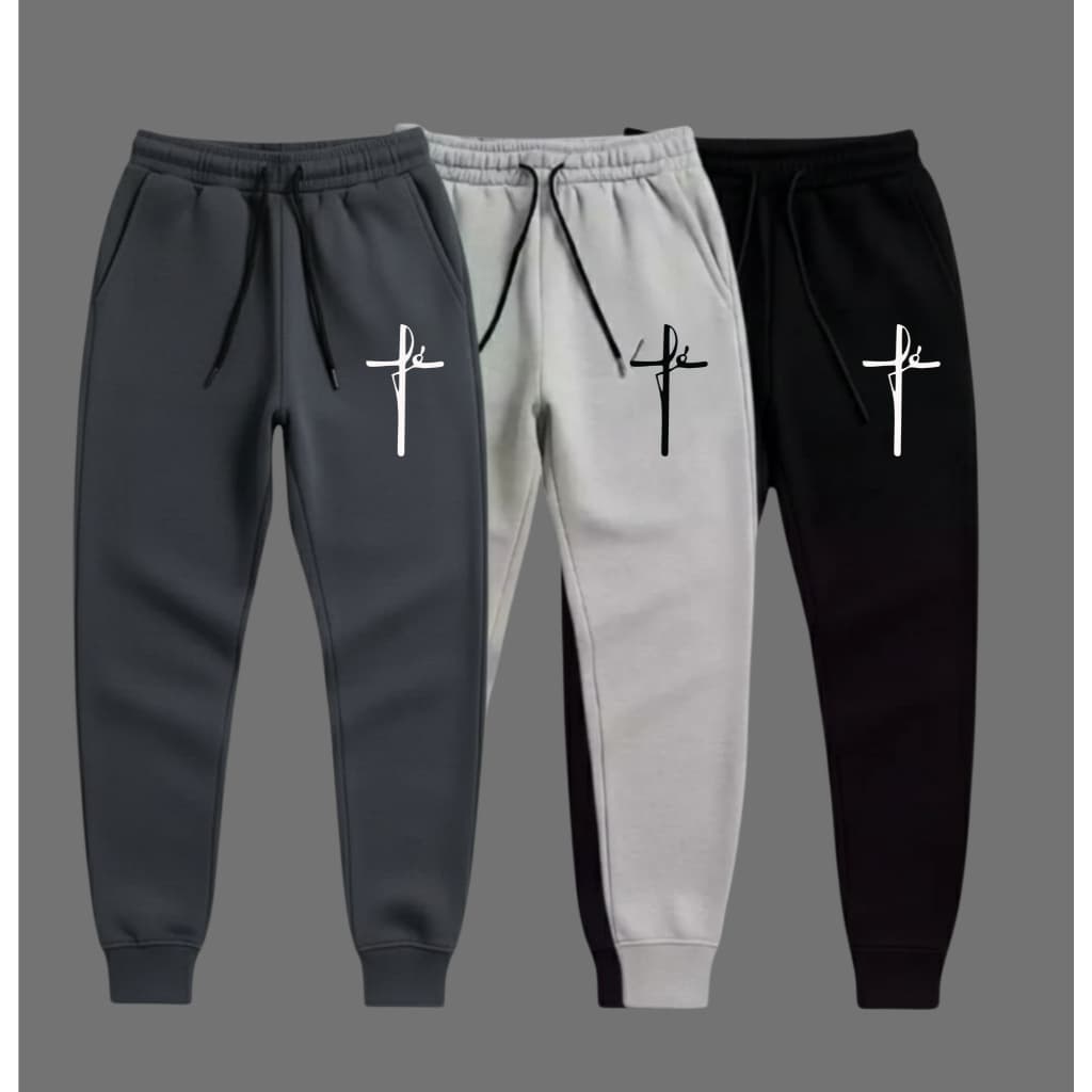 KIT CONJUNTO 3 CALÇAS MOLETOM  FÉ MODA CRISTÃ JOGGER UNISSEX TREINO ACADEMIA OFERTA PROMOÇÃO BOLSO CORDÃO AJUSTE