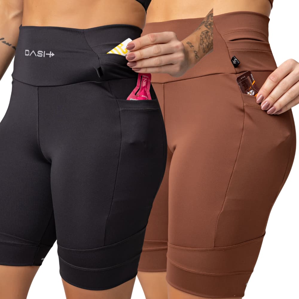 Kit 02 Bermudas Fitness Feminina Cintura Alta com 6 Bolsos Celular/Gel/Garrafa UV50+ Corrida Treino