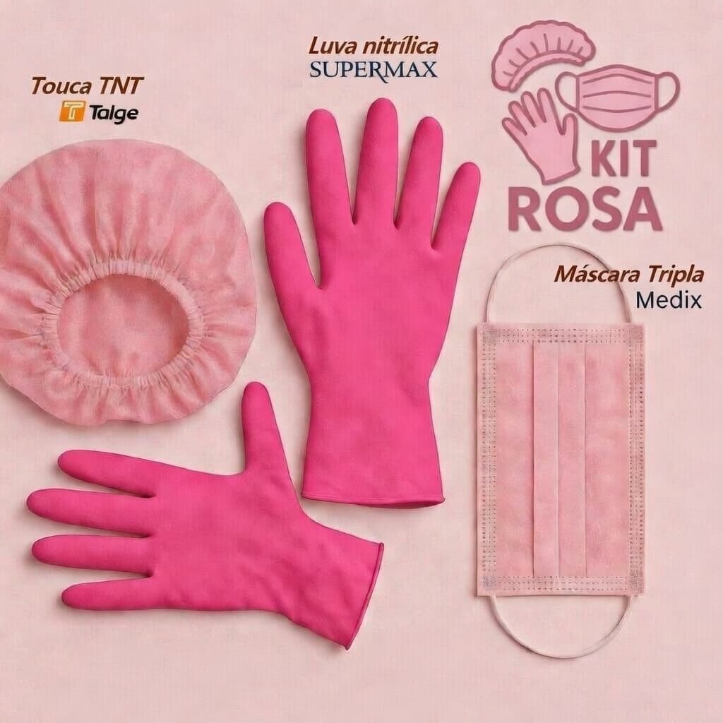 Kit Luva Nitrílica + Touca + Mascara descartável TNT Rosa c/ Anvisa