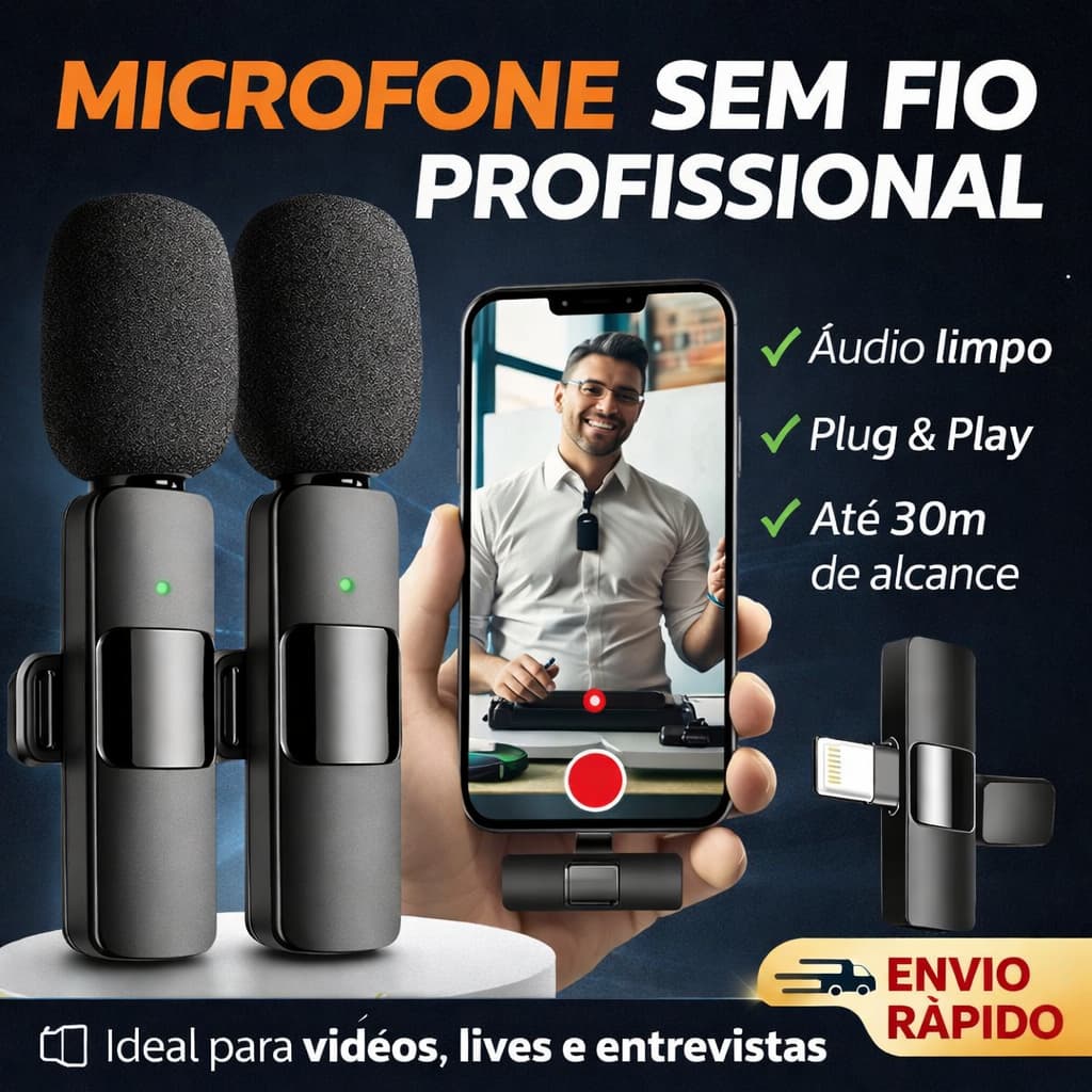Microfones 3 em 1 Lapela Duplo Sem Fio Entrada Type-C Lightning Celular Smartphone Tablet PC