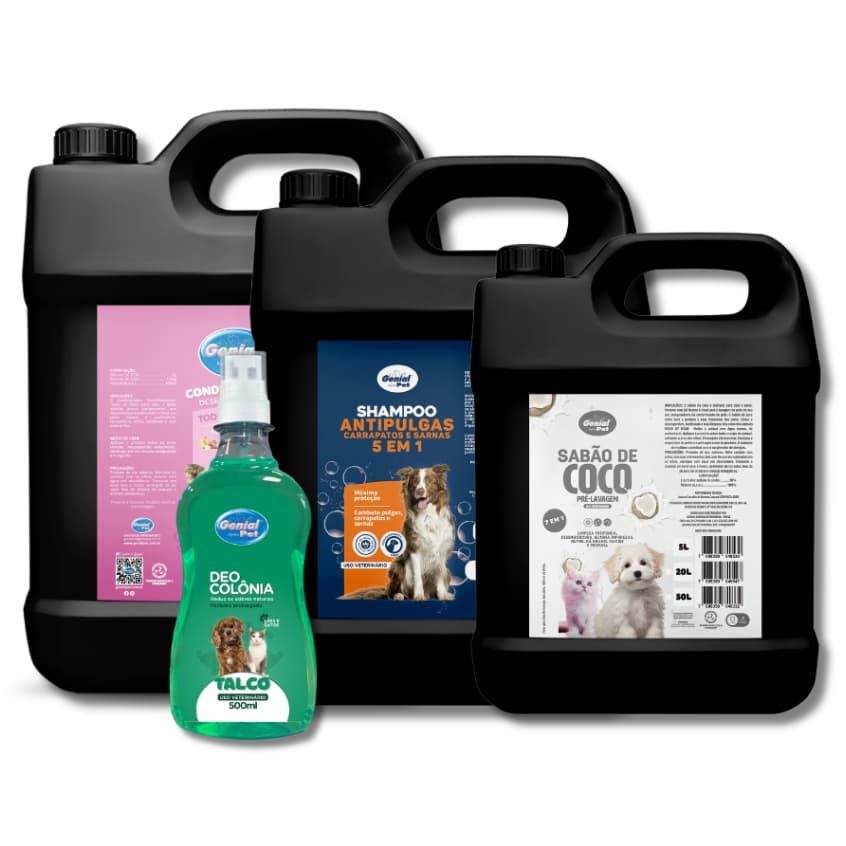 Kit Shampoo Antipulgas Carrapatos, Condicionador, Sabão de Coco Pré Lavagem e Colônia Profissional 5L - Banho e Tosa