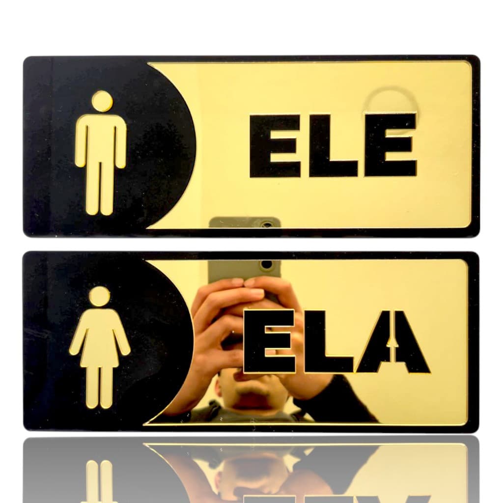 Placa Sinalização Banheiro Ele & Ela em Acrílico Espelhado Moderno Para Qualquer Ambiente
