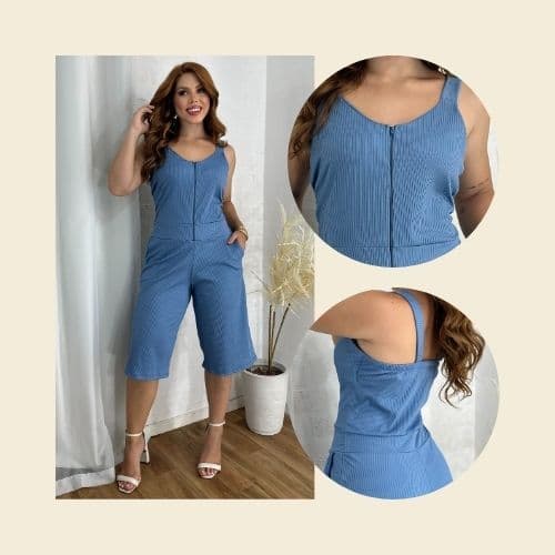 Macaquinho Feminino Midi Alça Larga Com Bolso Ziper Frontal Malha Canelada Premium
