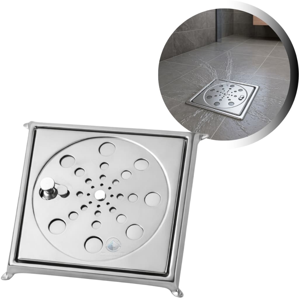 Ralo Inox 10x10 Completo Grelha Com Caixilho Cromado Para Banheiro Piso Lavanderia - Anti Ferrugem