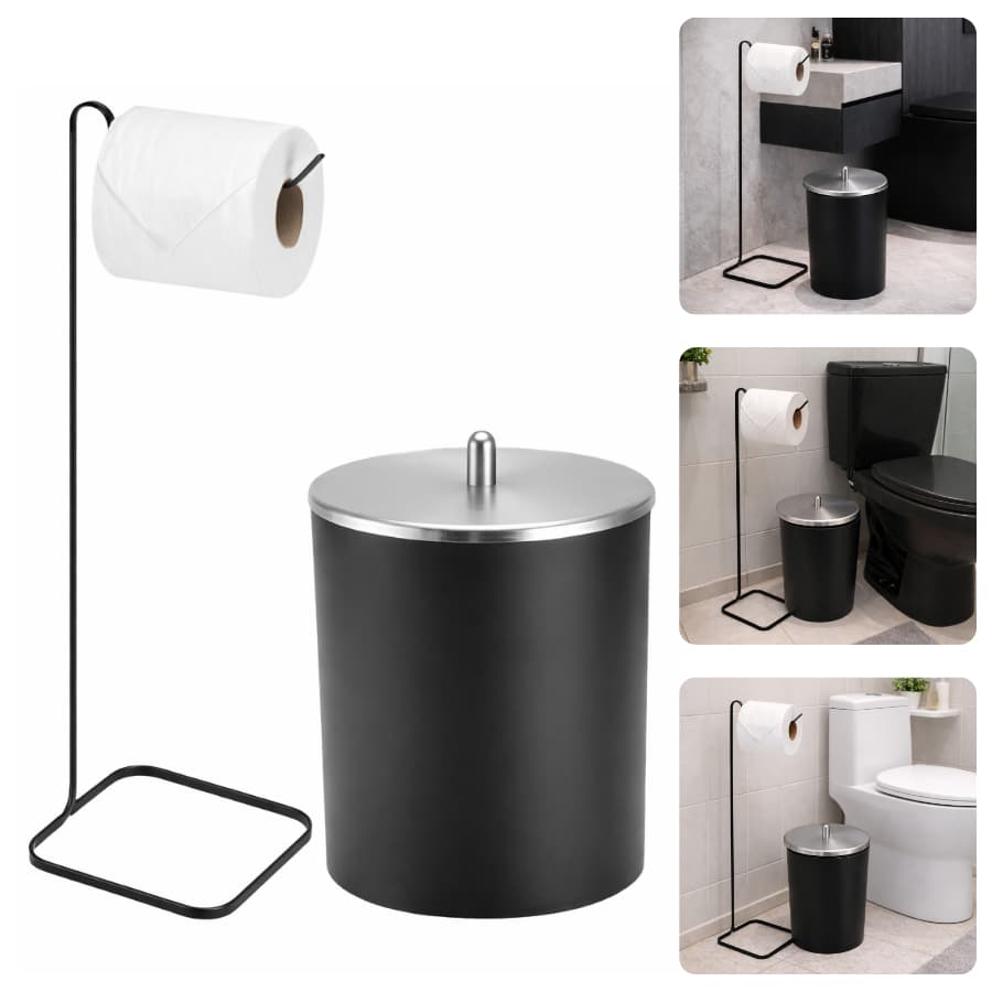 Kit Acessório Banheiro Lavabo Porta Papel Higiênico Lixeira 5 Litros Preto Fosco Inox