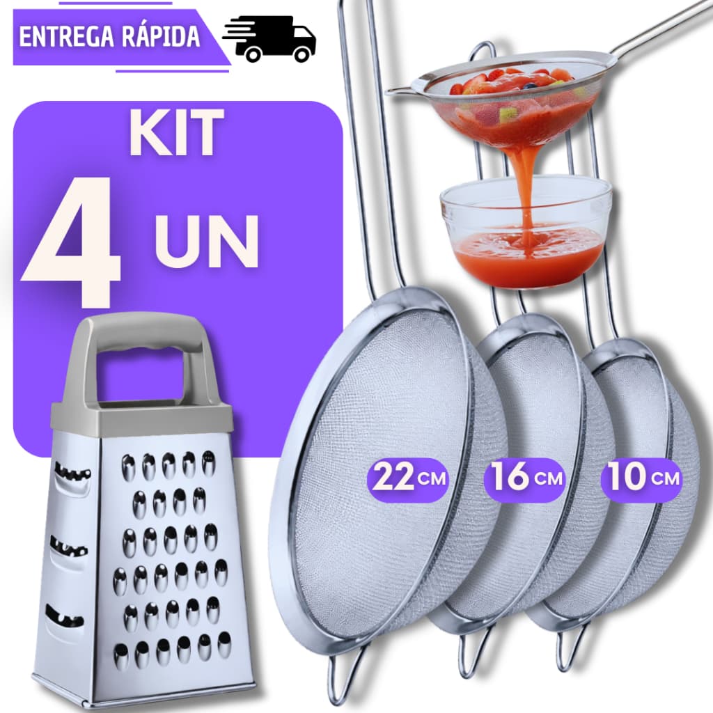 Kit Peneira Ralador Inox Coador Fatiador 4 Lados Profissional Alimentos Utensilios Cozinha