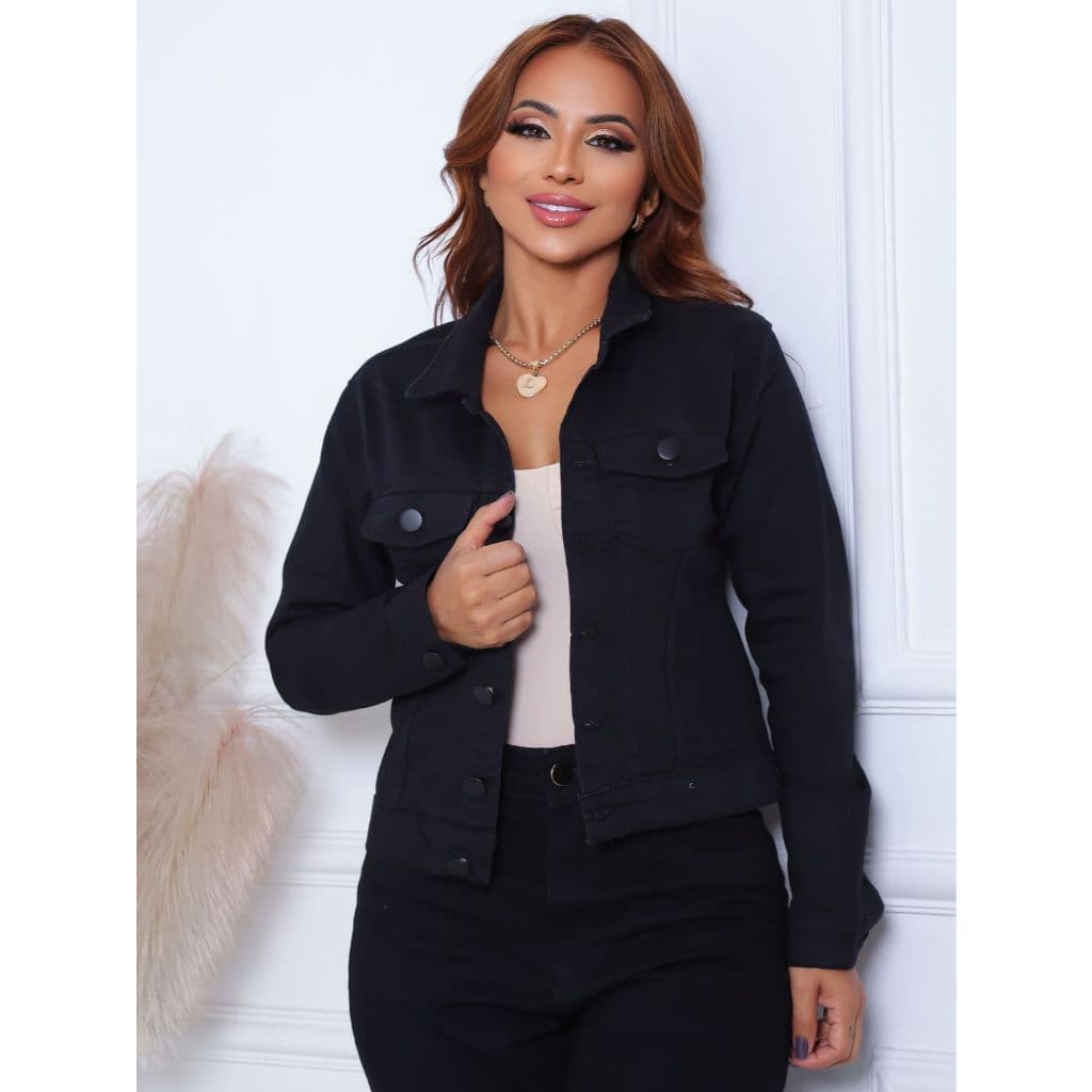 Jaqueta  Casaco Jeans Feminina  Preta e Grafite Com Lycra Elastano Premium