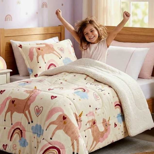 COBERDROM Infantil UNICÓRNIO Dupla Face Cobertor Edredom Flannel Macio e Sherpa Fofinha