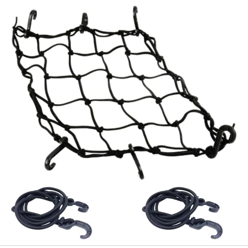 Kit Rede Elástica Para Capacete Moto + 2 Elásticos Extensores 1,5m Com Ganchos Prender Bagagem Moto Motoboy Reforçado