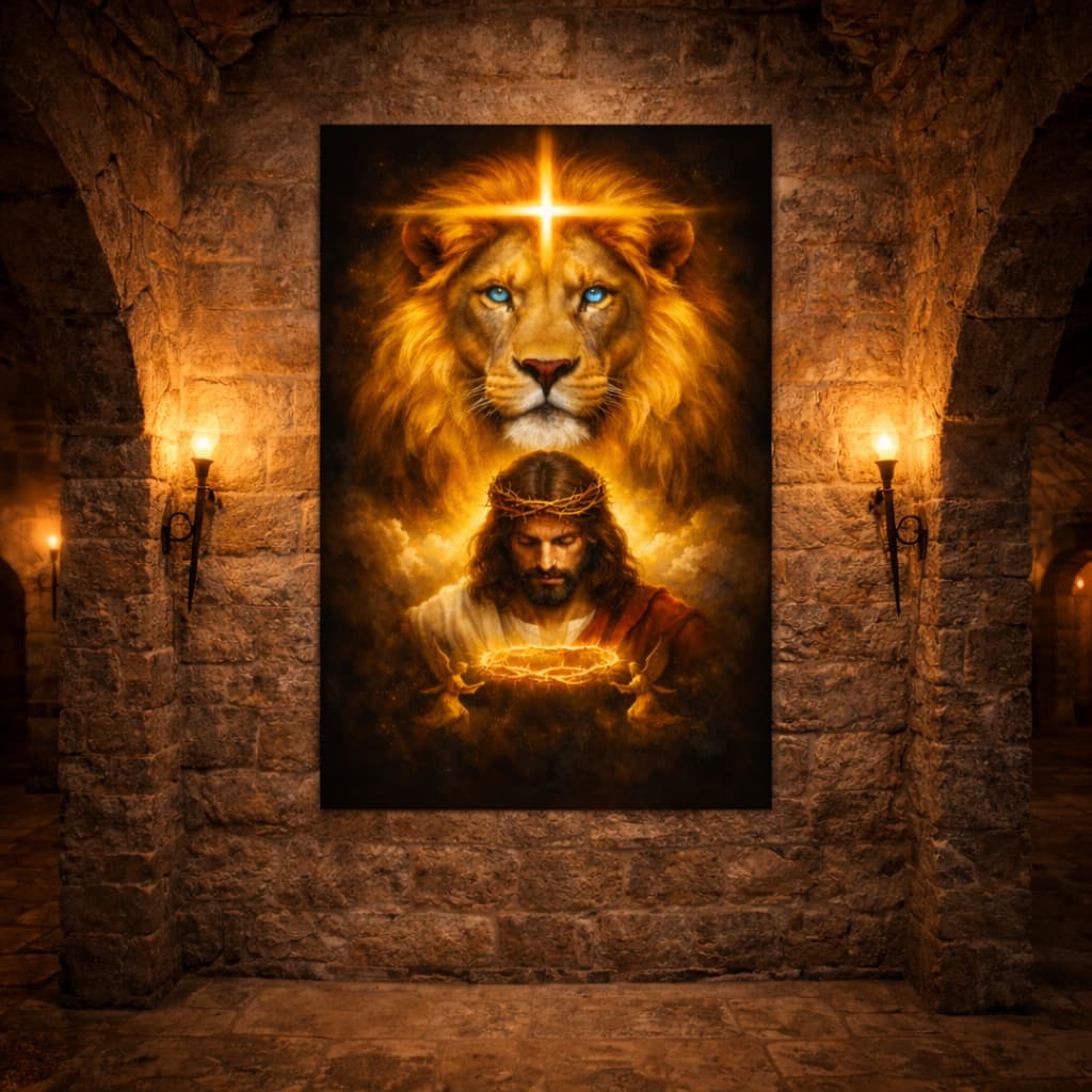 Quadro Decorativo Jesus Cristo Sobre Proteção do Leão Arte Sacra Minimalista MDF 110x70 Poderoso