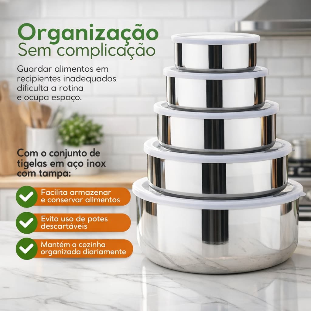 Tigelas Inox com Tampa Hermética Potes Redondos para Cozinha 285ml a 1430ml com 5 Peças