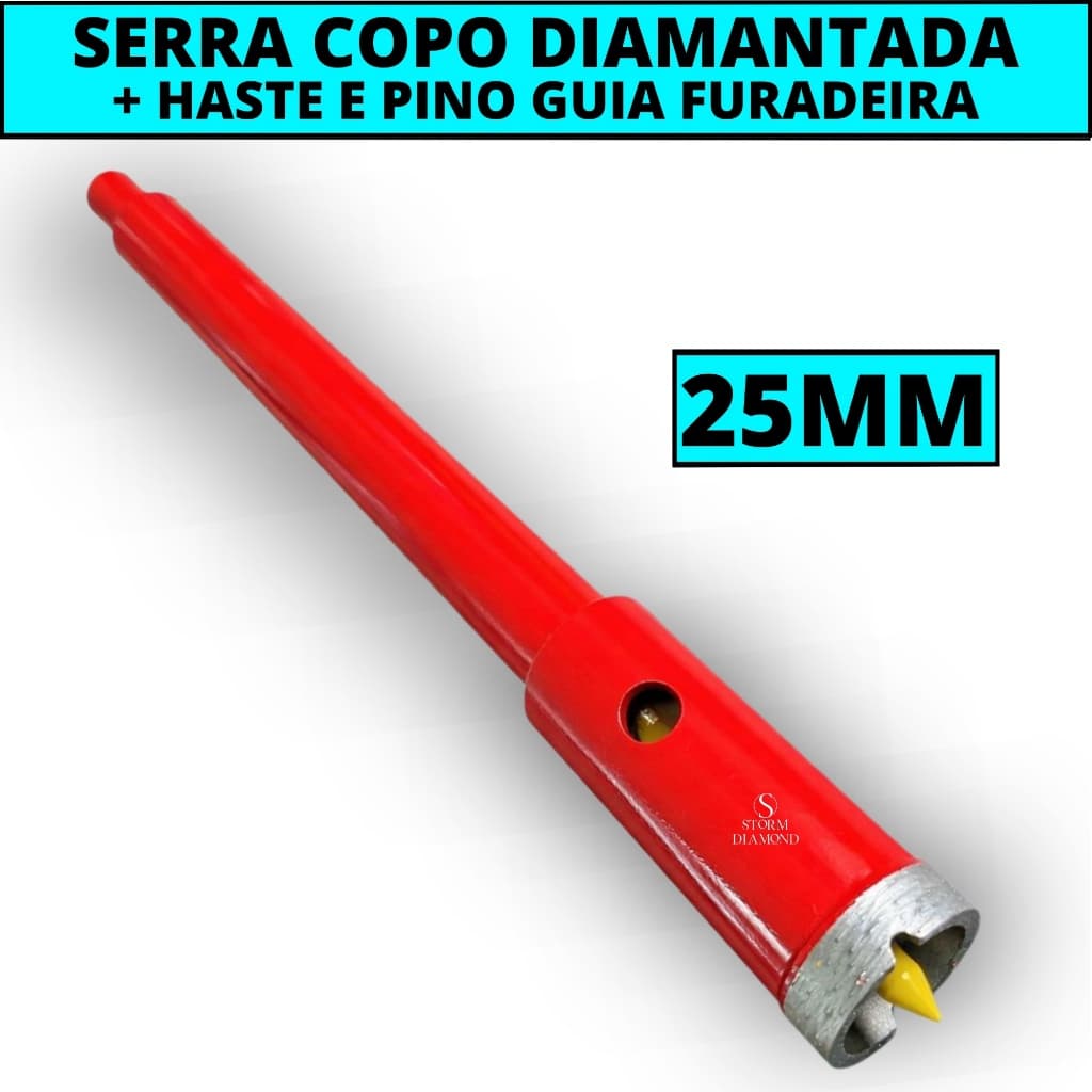 Serra Copo 25mm Diamantada Haste E Pino Guia Furadeira Sds Martelete Concreto Porcelanato Alvenaria