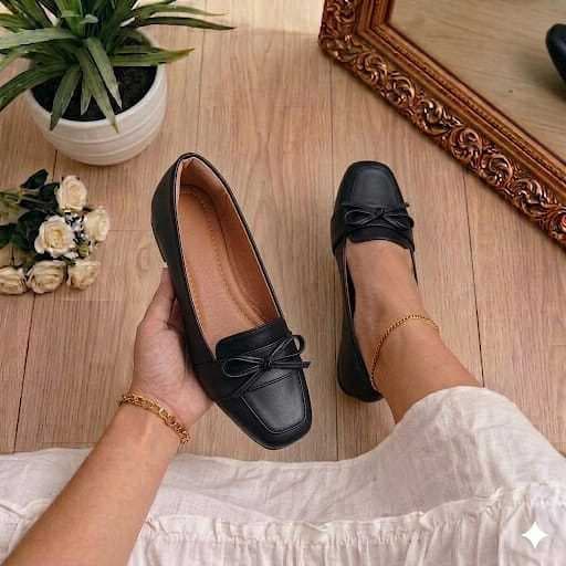 Mocassim Feminino Sapatilha Confortável Preto com Laço  Para Trabalho e Dia a Dia