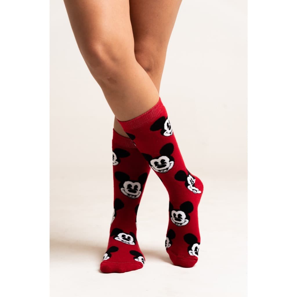 Meias Estampada Mickey Vermelha Inspiração Disney Meia Divertida Tecido Algodão com Poliamida Unissex Vestindo 34 ate 39