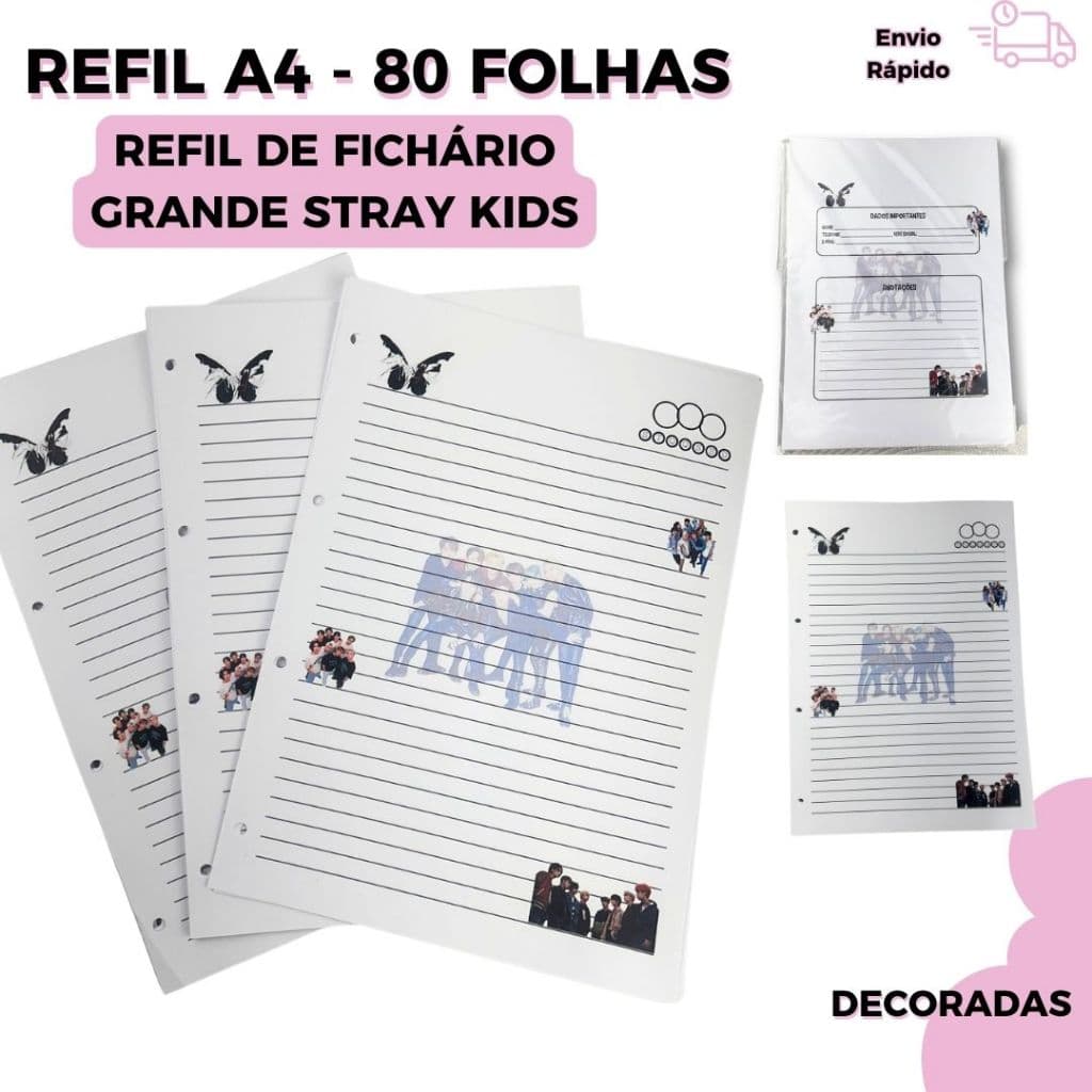 Refil A4 para Fichário Stray Kids | 80 Folhas Decoradas Frente e Verso | Papel 90g Universitário