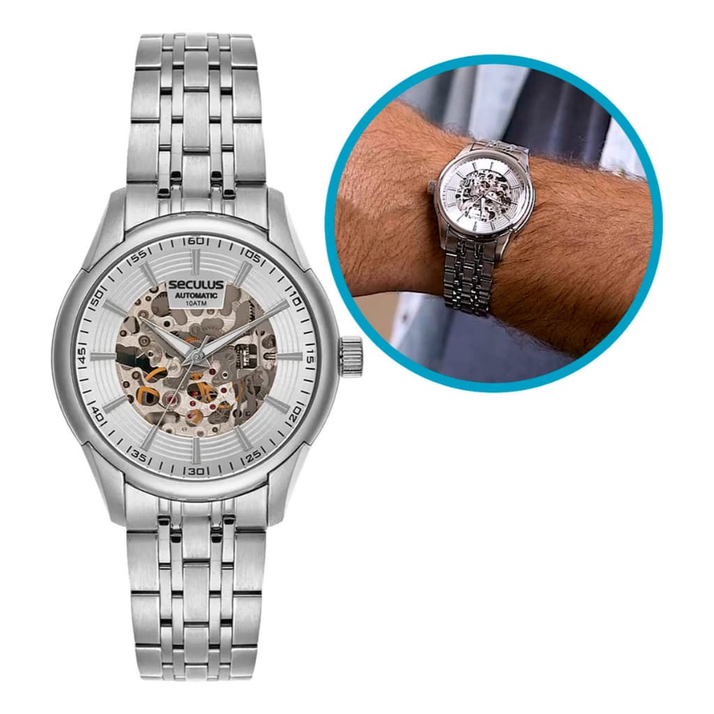 Relógio Automático Masculino Seculus 41mm Skeleton Aço Prateado