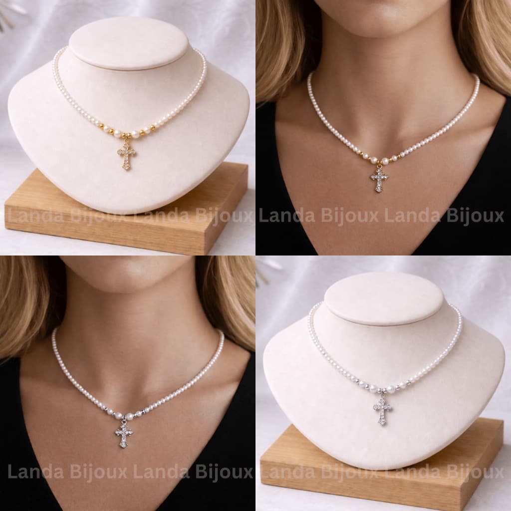 Colar Gargantilha Choker Pérolas Pingente Cruz Strass Dourado Prateado