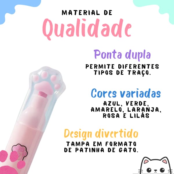 Kit 6 Marca Texto Ponta Dupla Patinha De Gato Papelaria Fofa Tons Pastel
