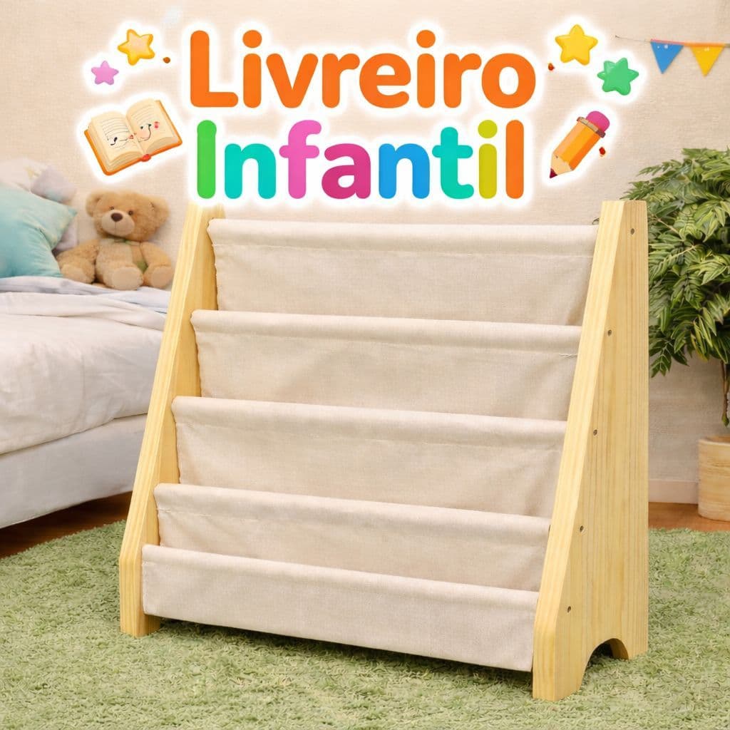 Porta Livros Infantil - Estante Livreiro Montessori - Rack Organizador de Livros em Madeira e Tecido (ref 03)