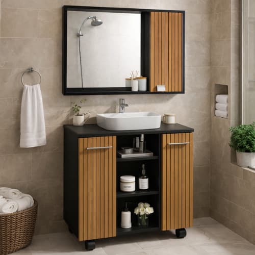 Kit Gabinete de Banheiro Premium Com Espelheira Prateleira Armário Banheiro Suspenso Cannes